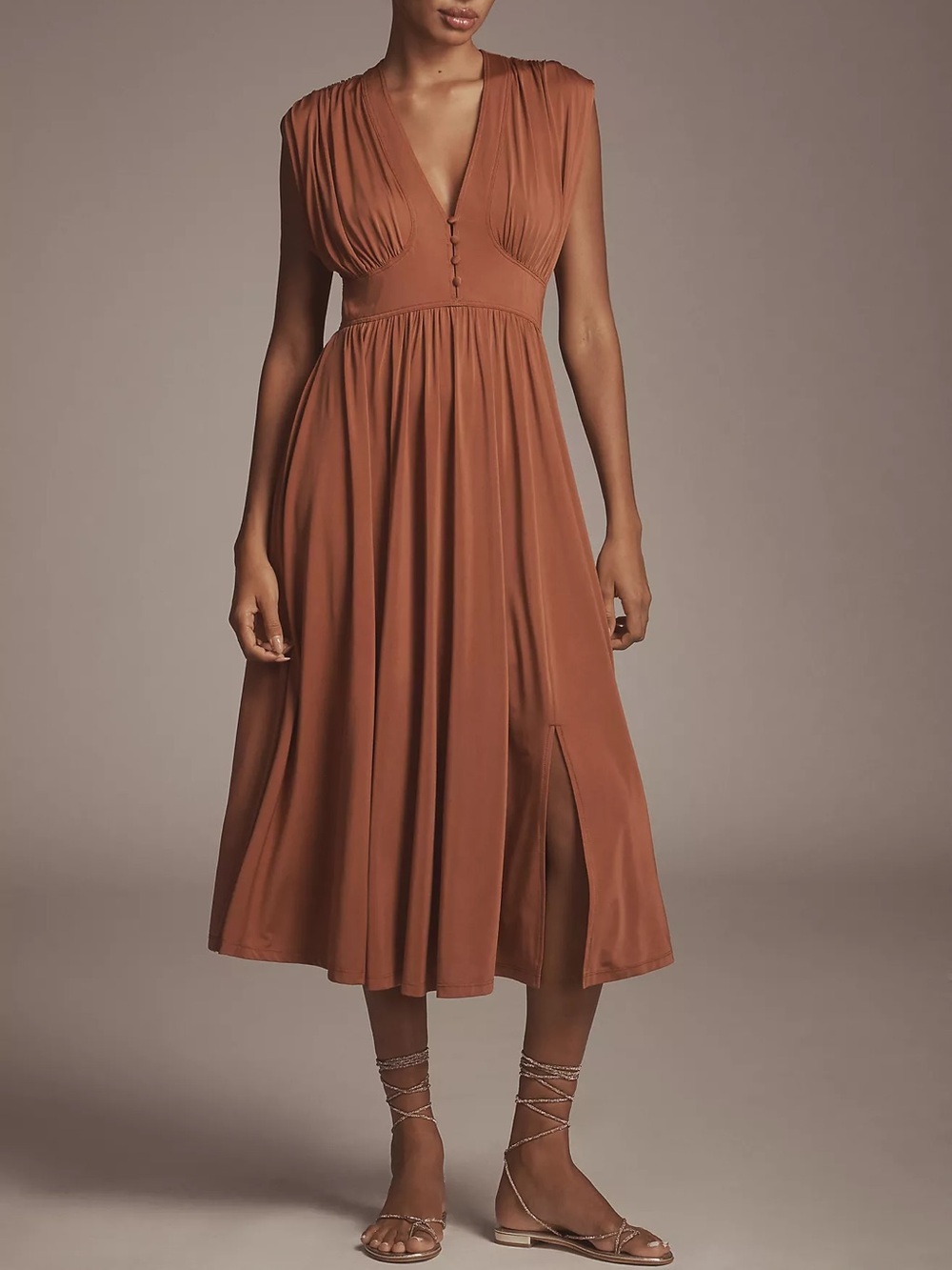 Anthropologie Sleeveless V Neck A Line Midi Boho Fall Cottagecore Dress Brown L